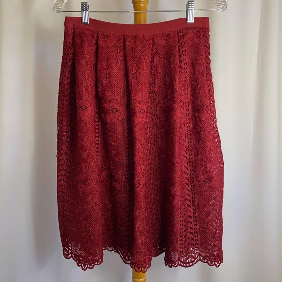 Alya Francesca’s Pleated A-Line Skirt Ornate Floral Lace Burgandy Red Size M - Picture 1 of 5